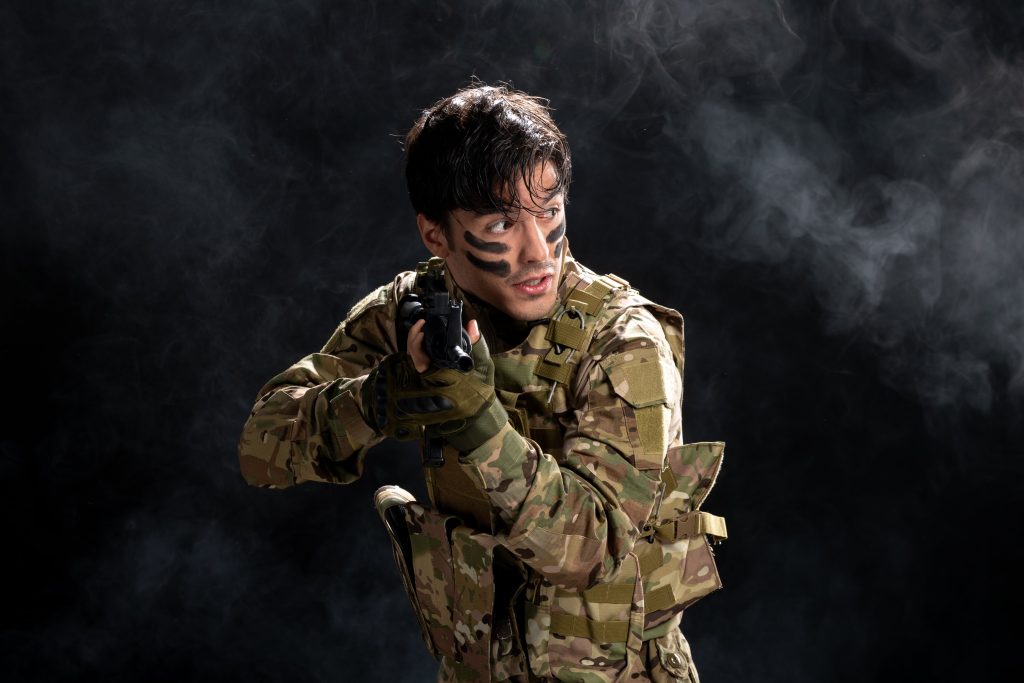 Operation Sindoor: Who Truly Benefited and What the Aftermath Revealed – A Reflection Beyond Borders 3 front view male soldier fighting camouflage with rifle black wall min